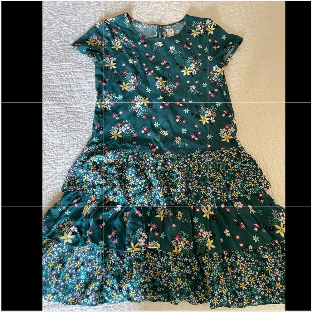 GAP KIDS floral dress with 3 green ruffle tiers.
